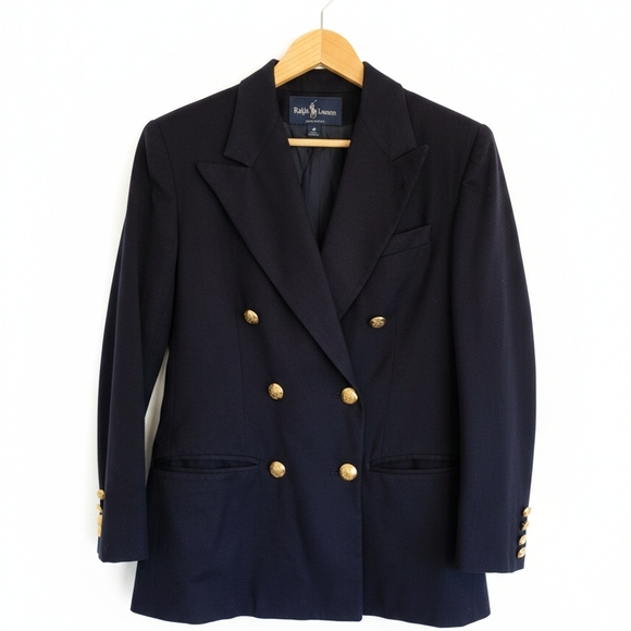 VTG Ralph Lauren Blue Label Wool Blazer Navy Blue Double Breasted Gold Buttons - Picture 1 of 11